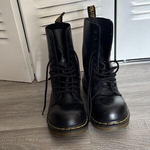 Dr. Martens Black Leather 8-Eye Lace-Up Combat Boots with Yellow Stitching